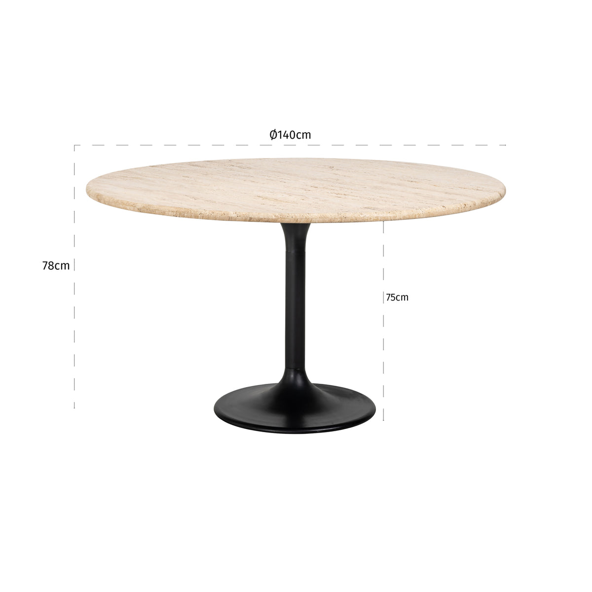 Masă dining Hampton, negru, Ø 140 cm – desen tehnic cu dimensiuni