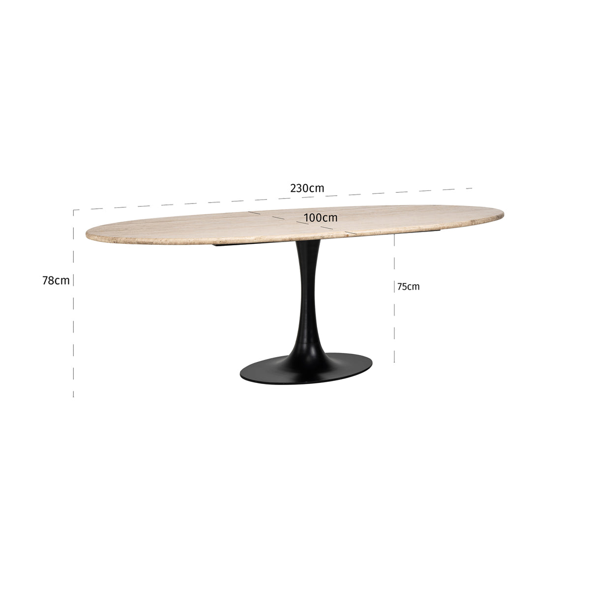 Masă dining Hampton, negru, oval, 230 cm – desen tehnic cu dimensiuni