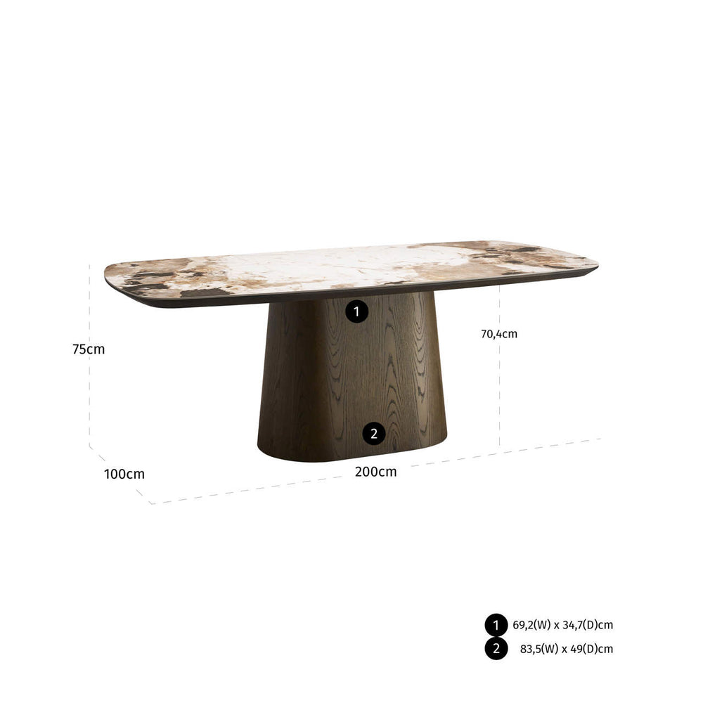 Masă dining Langford, maro, 200 cm – desen tehnic cu dimensiuni