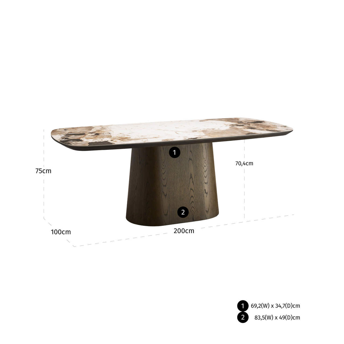 Masă dining Langford, maro, 200 cm – desen tehnic cu dimensiuni