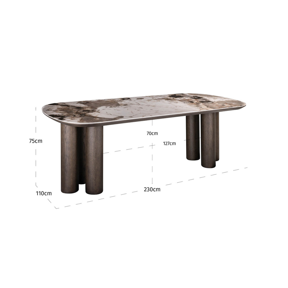Masă dining Langford, maro, 230 cm – desen tehnic cu dimensiuni