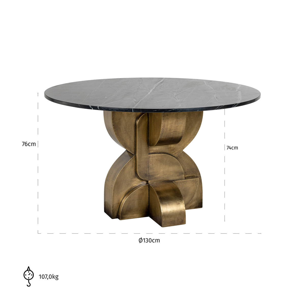 Masă dining Maddox, negru/auriu, Ø 130 cm – desen tehnic cu dimensiuni