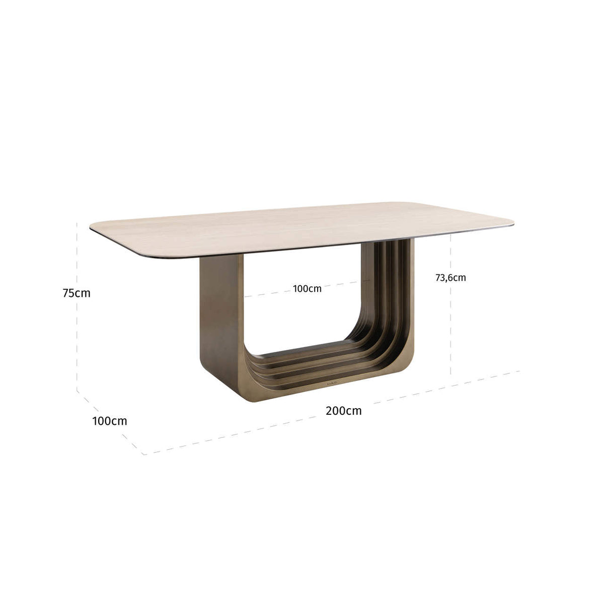 Masă dining Maxfield, bej, 200 cm – desen tehnic cu dimensiuni
