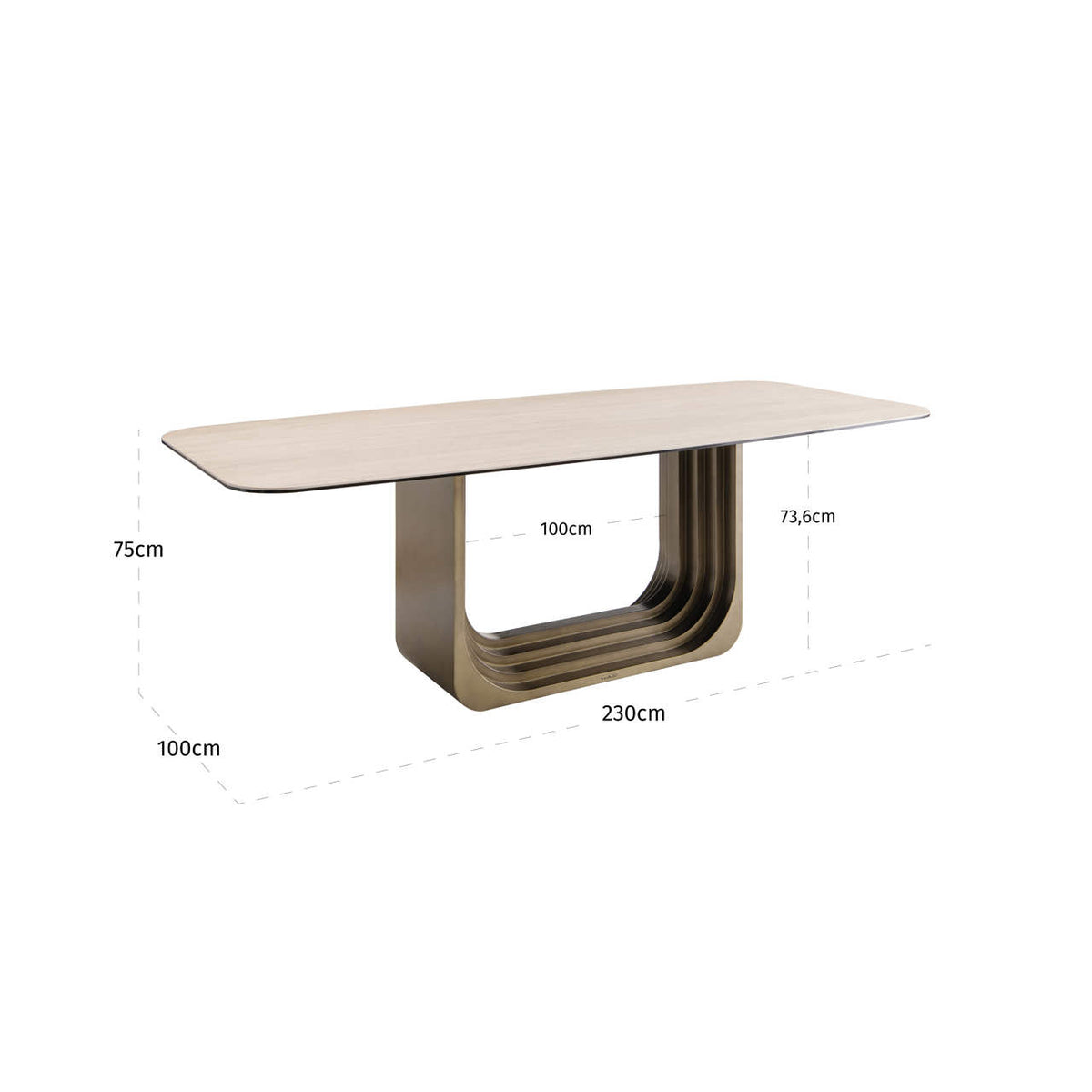 Masă dining Maxfield, bej, 230 cm – desen tehnic cu dimensiuni