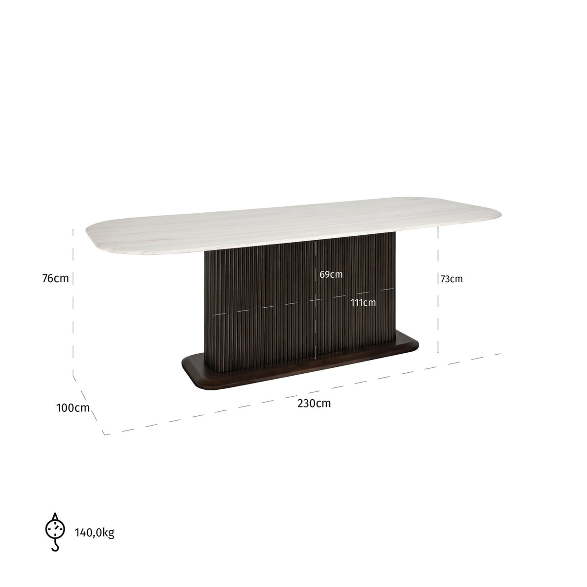 Masă dining Mayfield, maro, 230 cm – desen tehnic cu dimensiuni