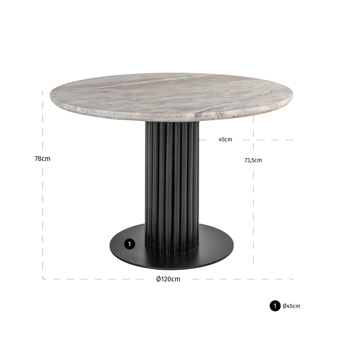 Masă dining Nyon, blush bej, Ø 120 cm – desen tehnic cu dimensiuni