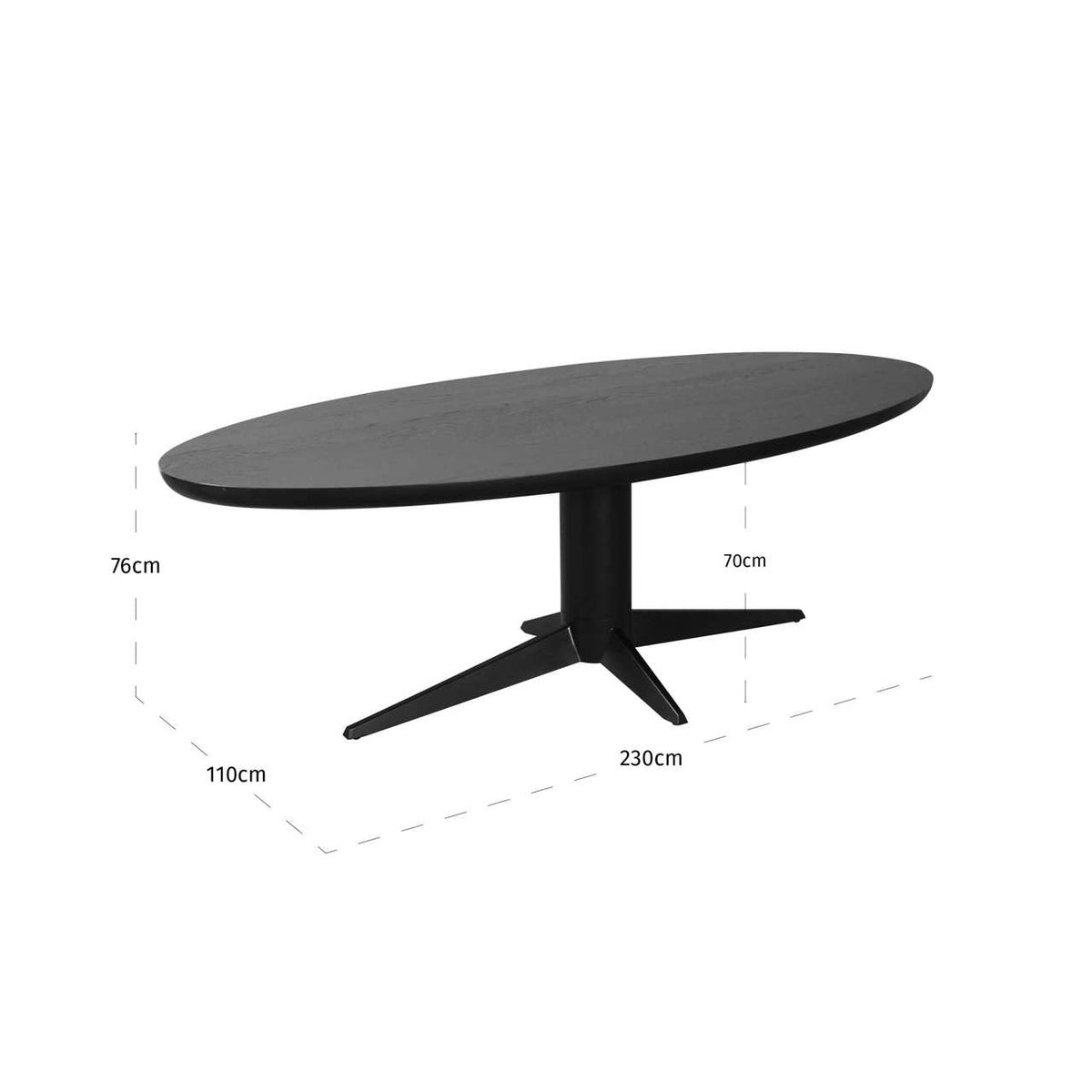 Masă dining Rayford, negru, ovală, 230 cm – desen tehnic cu dimensiuni