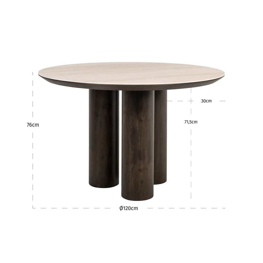 Masă dining Ritz, maro, Ø 120 cm – desen tehnic cu dimensiuni
