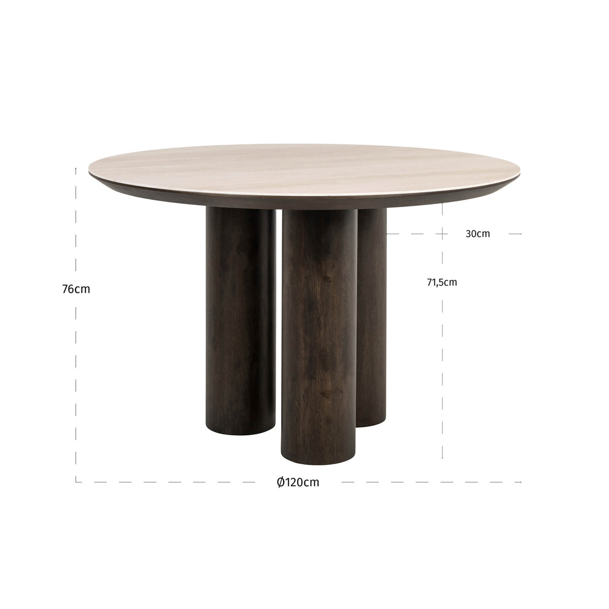 Masă dining Ritz, maro, Ø 120 cm – desen tehnic cu dimensiuni