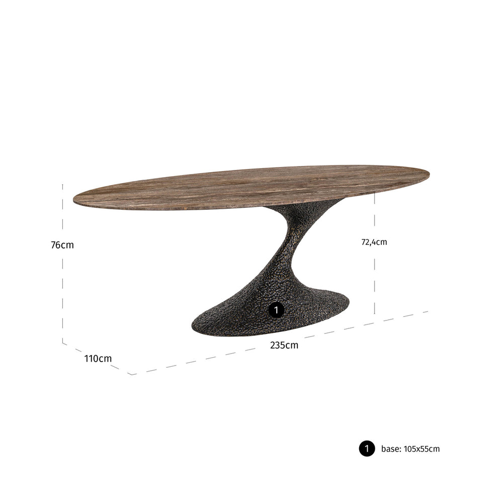Masă dining Russo, maro frasin, ovală, 235 cm – desen tehnic cu dimensiuni