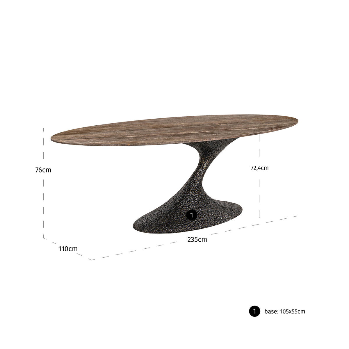 Masă dining Russo, maro frasin, ovală, 235 cm – desen tehnic cu dimensiuni