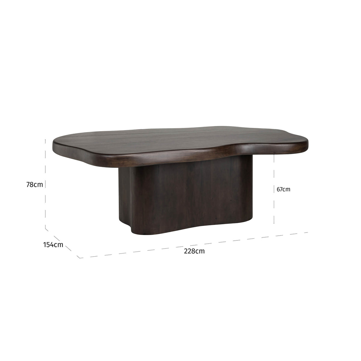Masă dining Sherman, maro închis, 230 x 139 cm – desen tehnic cu dimensiuni
