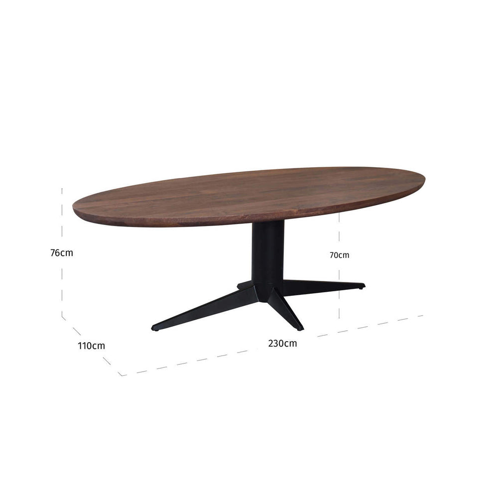 Masă dining Stafford, spicebrown, ovală, 230 cm – desen tehnic cu dimensiuni