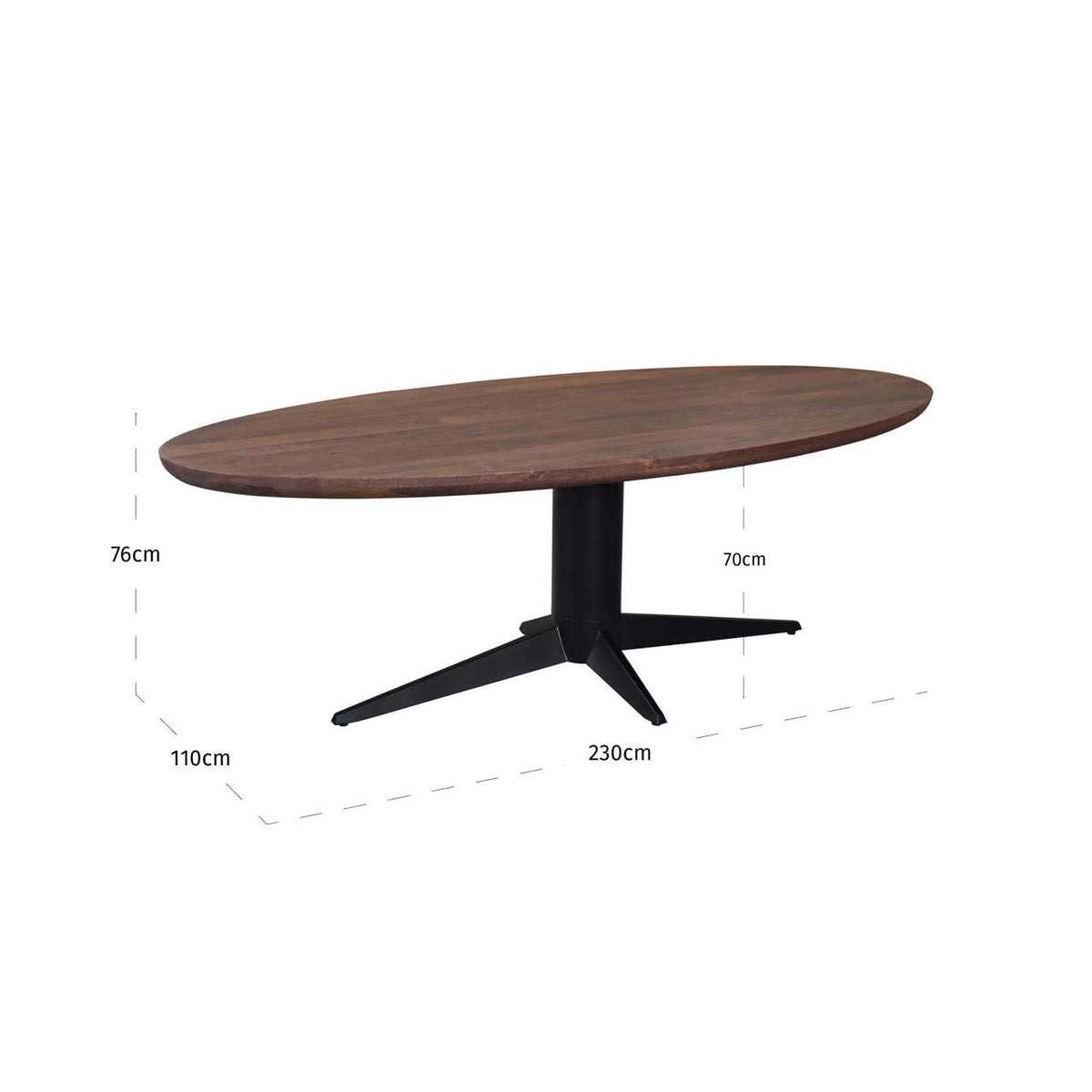 Masă dining Stafford, spicebrown, ovală, 230 cm – desen tehnic cu dimensiuni