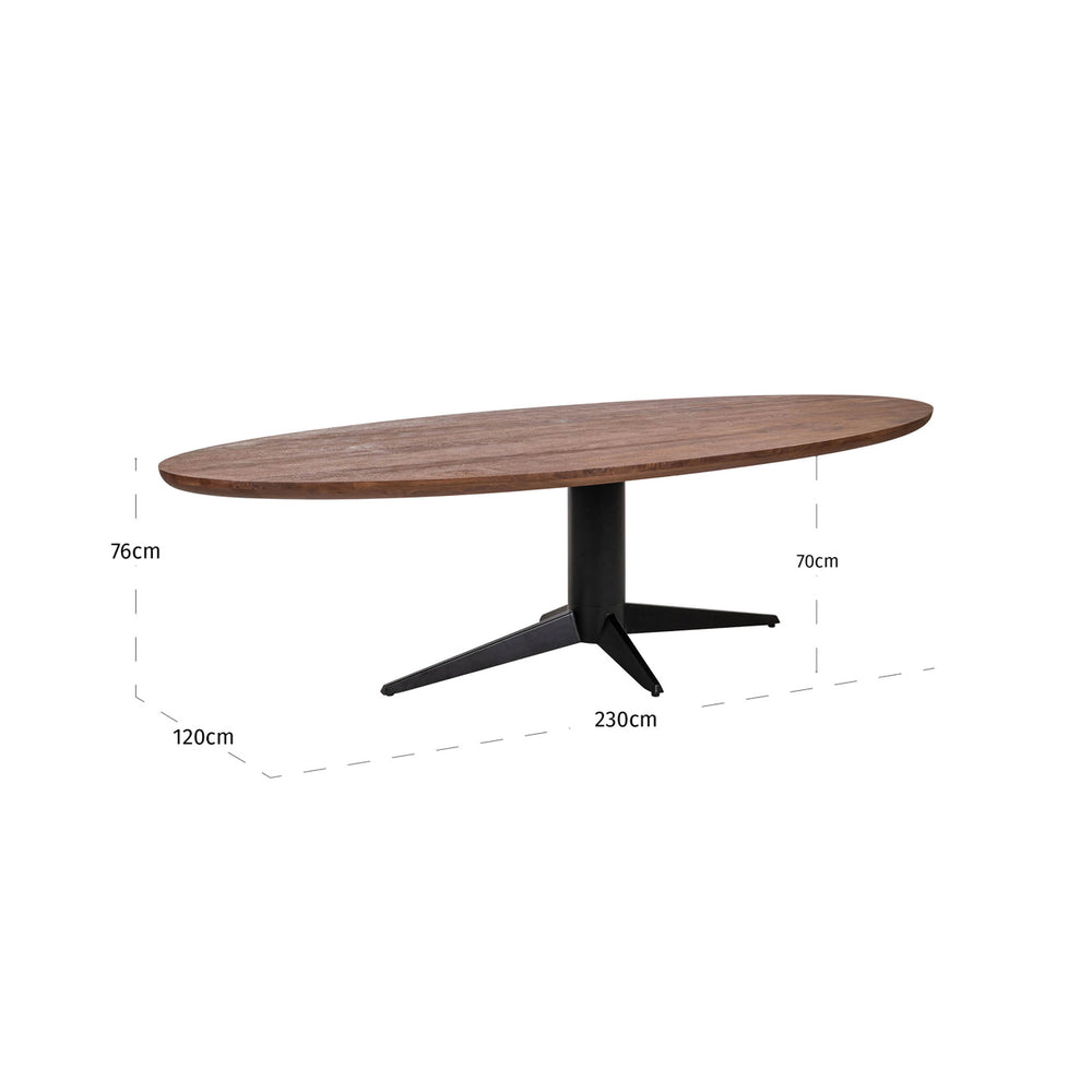 Masă dining Stafford, spicebrown, ovală, 280 cm – desen tehnic cu dimensiuni