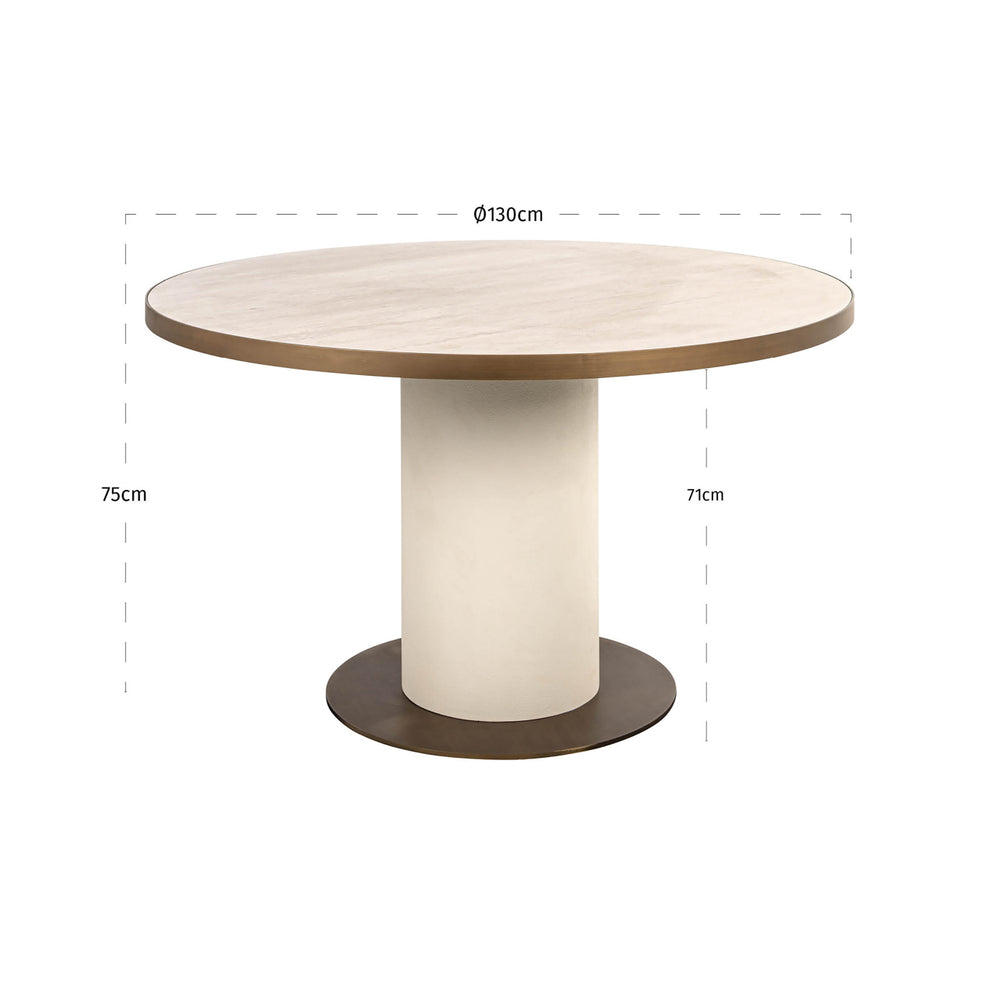 Masă dining Tivoli, alb, Ø 130 cm – desen tehnic cu dimensiuni