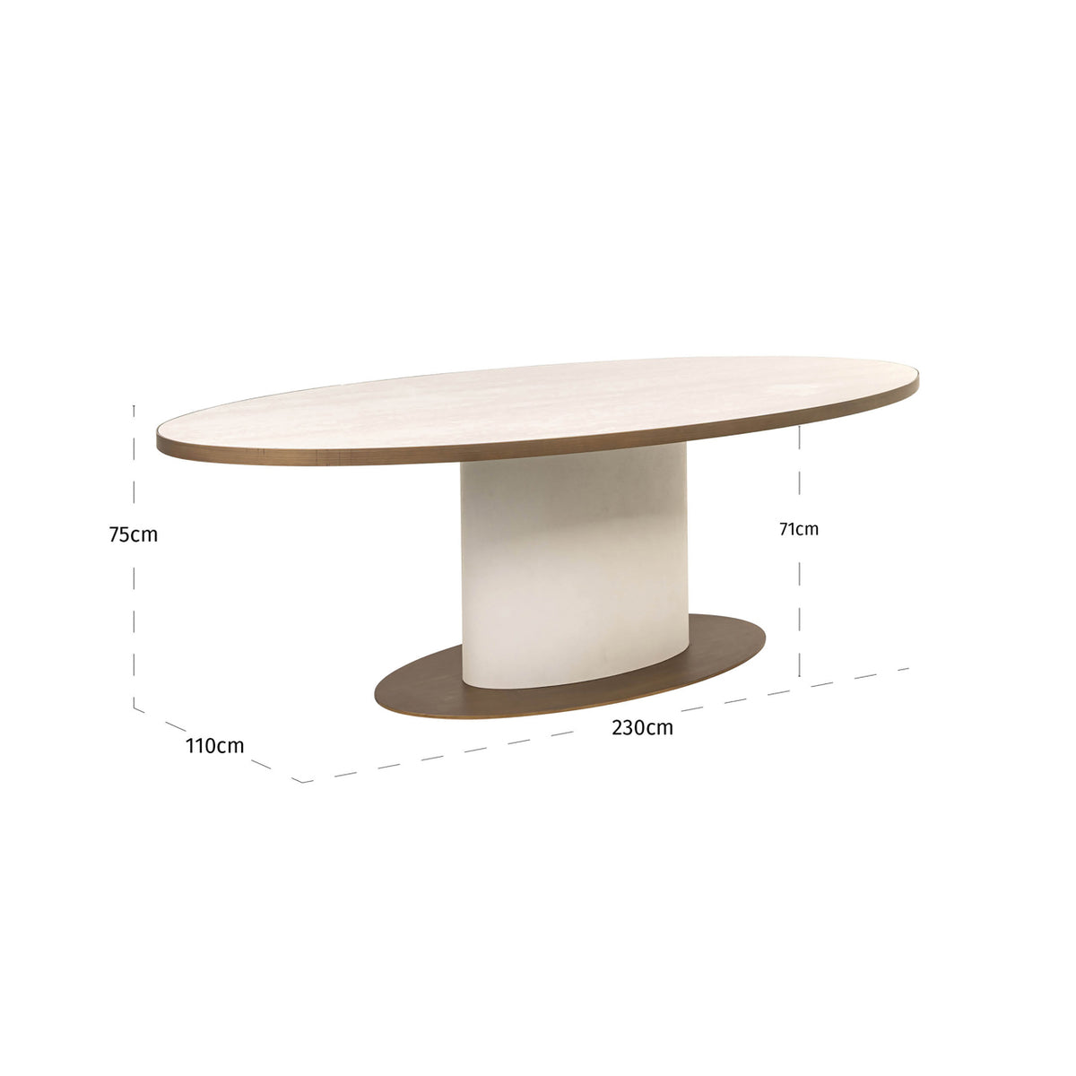 Masă dining Tivoli, alb, ovală, 230 cm – desen tehnic cu dimensiuni