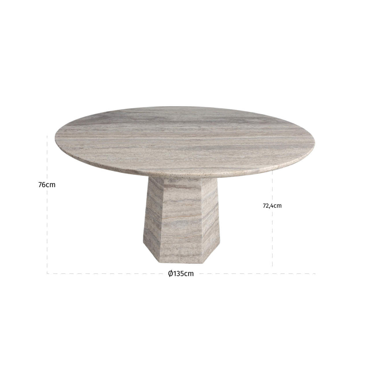 Masă dining Westin, gri, Ø 135 cm – desen tehnic cu dimensiuni