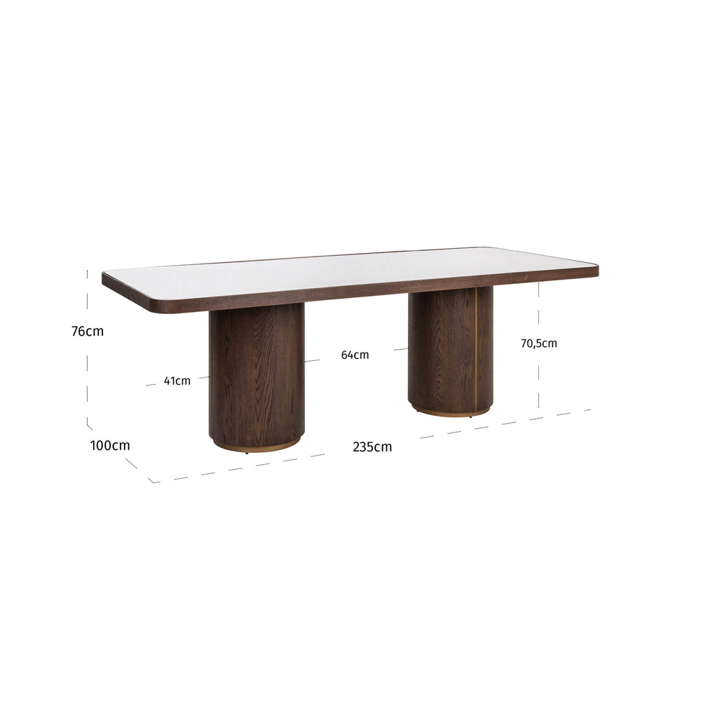Masă dining Willox, bej, 235 cm, cu sticlă – desen tehnic cu dimensiuni