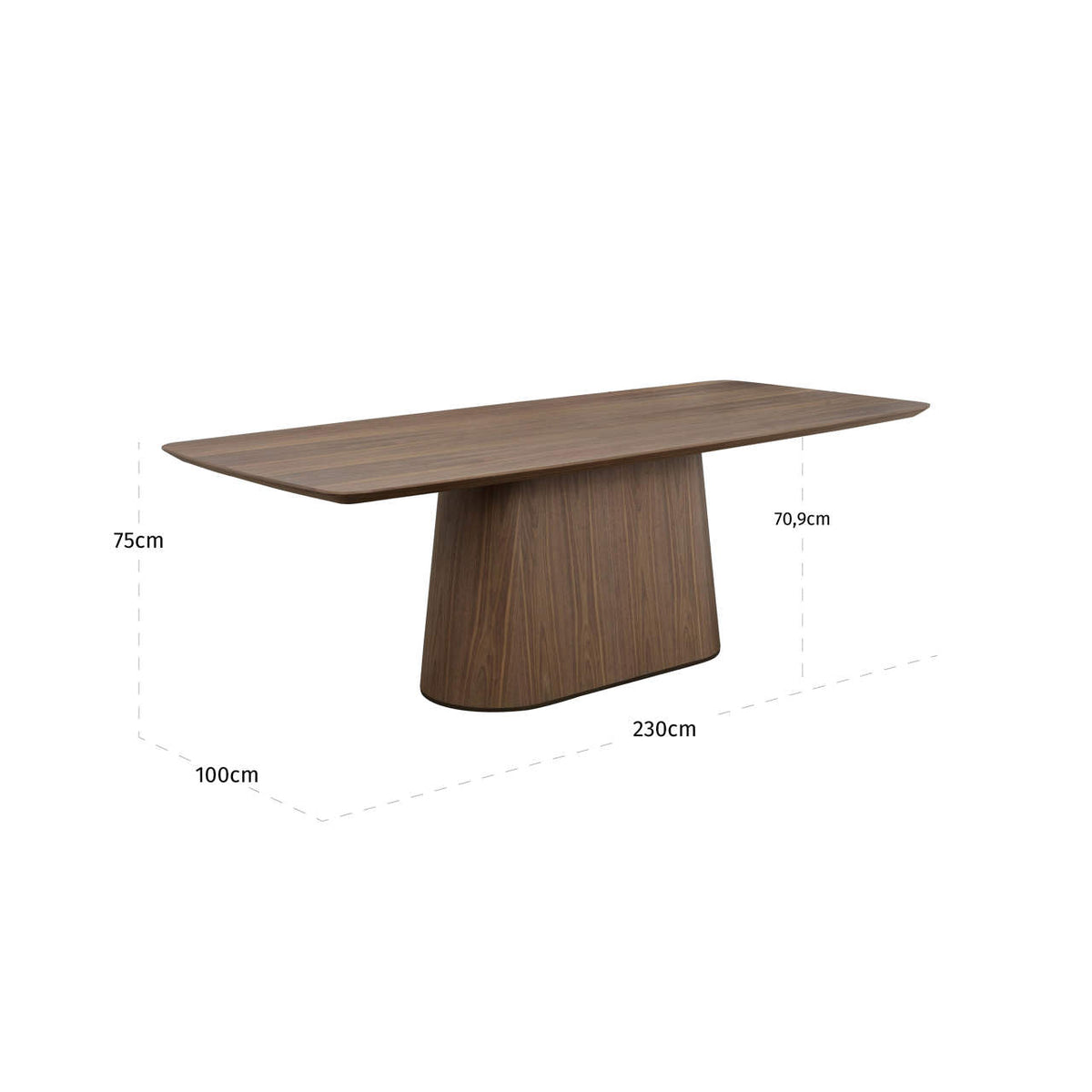 Masă dining Windsor, nuc, 230 cm – desen tehnic cu dimensiuni