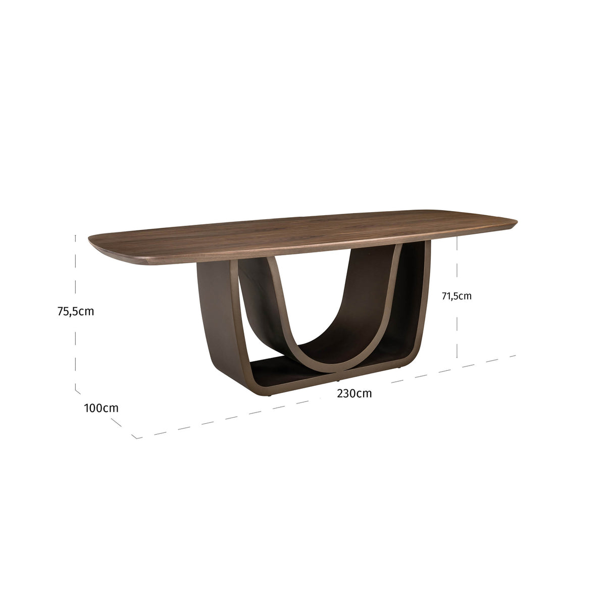Masă dining Windsor, nuc, 230 cm, bază din alamă – desen tehnic cu dimensiuni