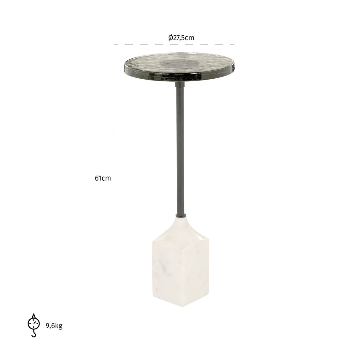 Măsuță auxiliară Aurora, alb, Ø 27 cm – desen tehnic cu dimensiuni