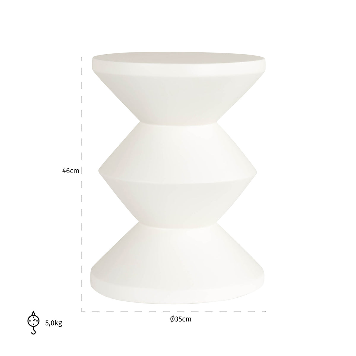 Măsuță auxiliară Bloomstone, alb, Ø 35 cm – desen tehnic cu dimensiuni