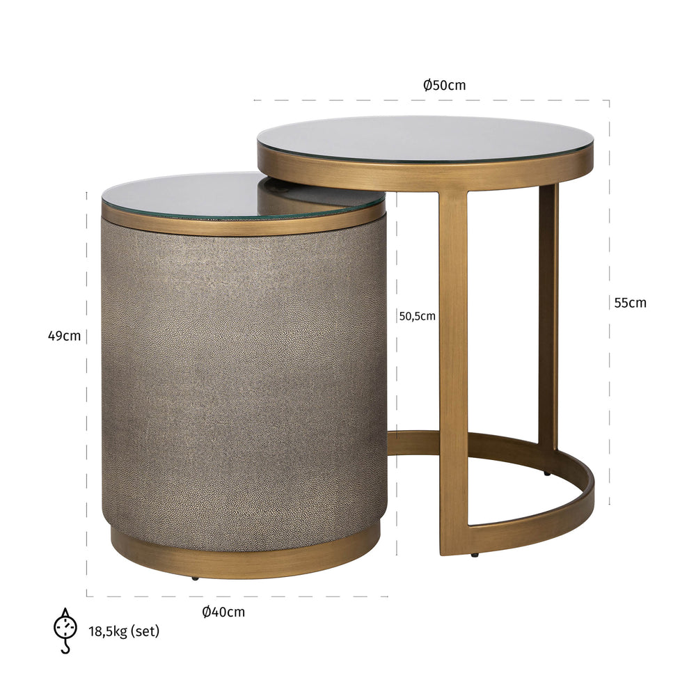 Măsuță auxiliară Bloomville, alamă shagreen, cu sticlă (set de 2) – desen tehnic cu dimensiuni