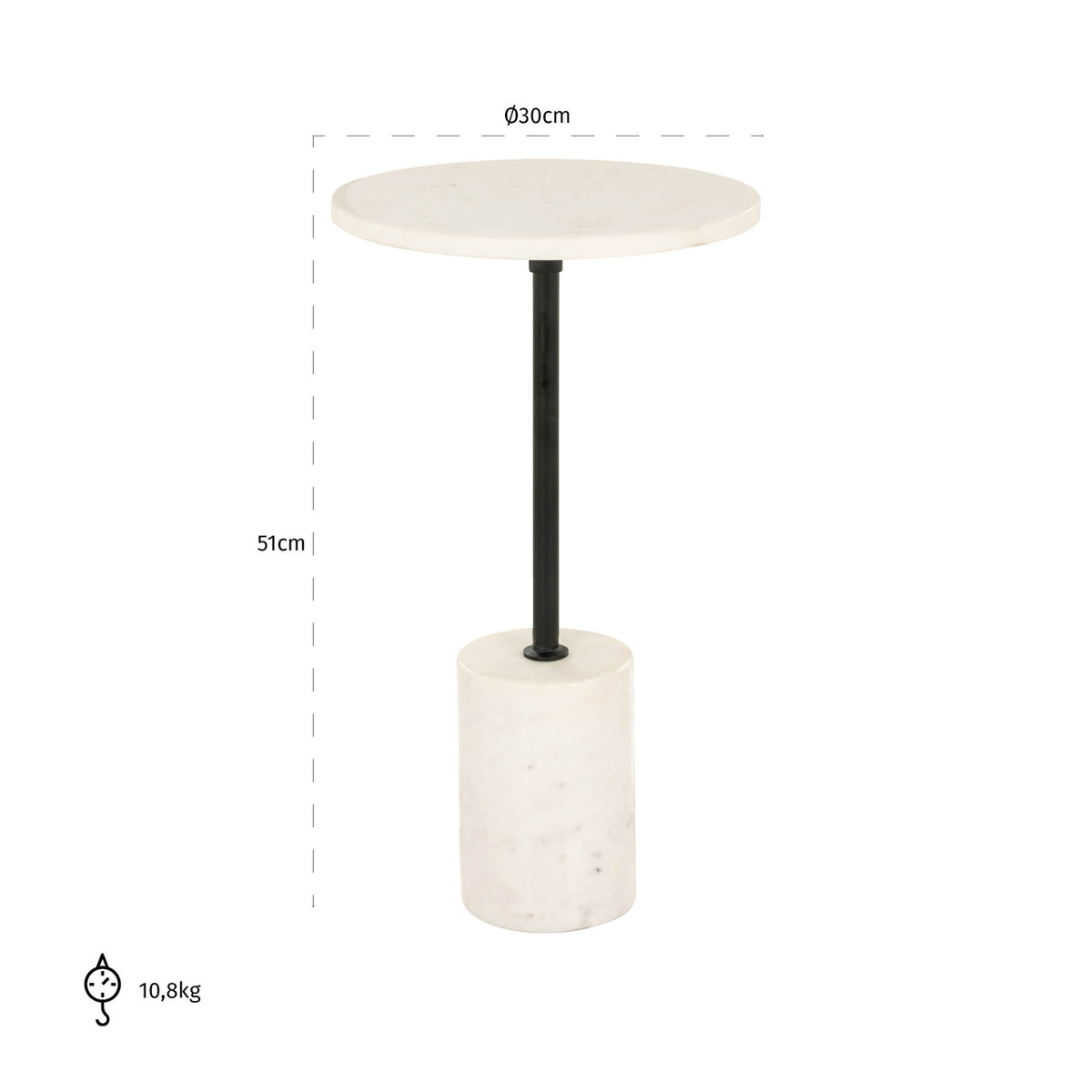 Măsuță auxiliară Misty, negru/alb, Ø 30 cm – desen tehnic cu dimensiuni