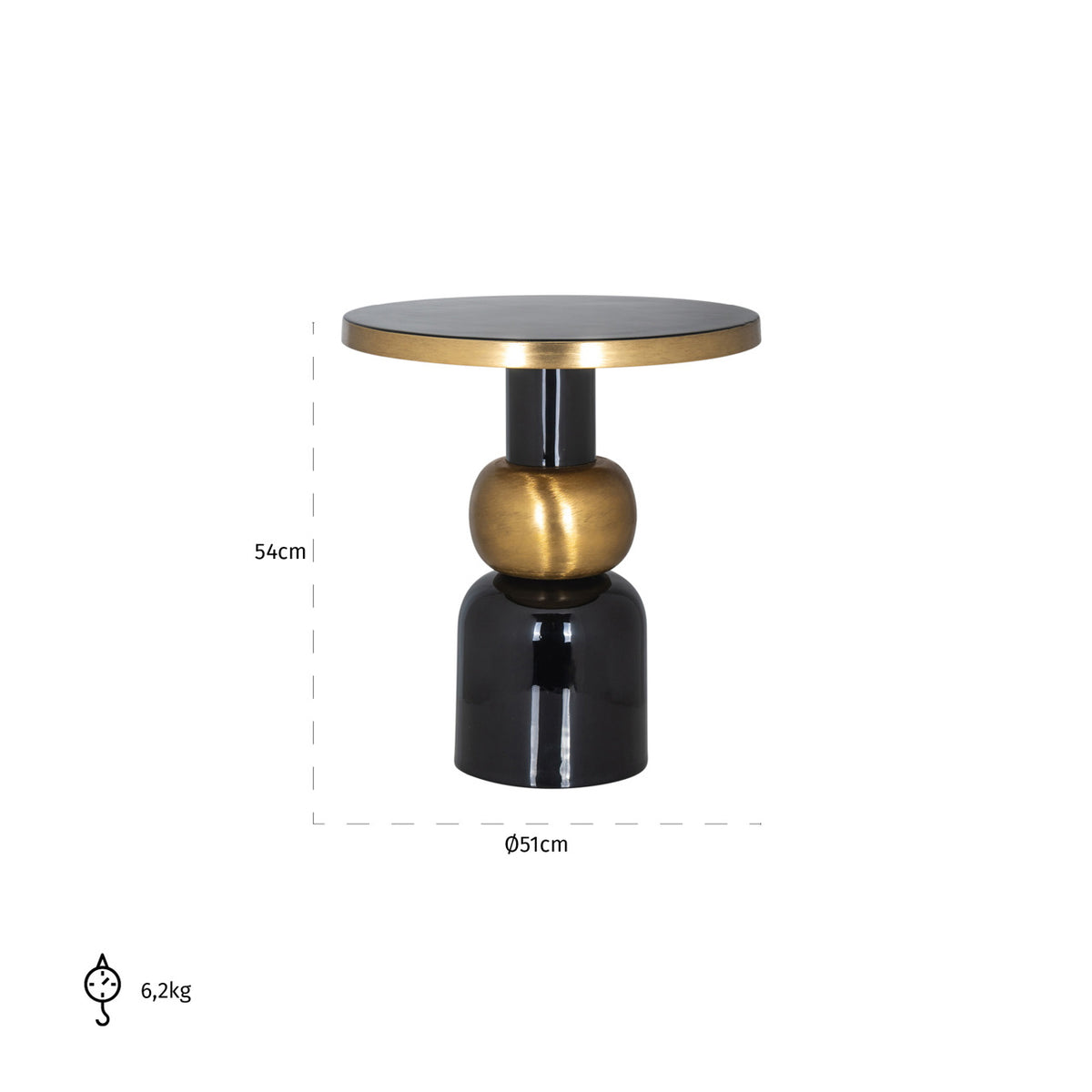Măsuță auxiliară Mose, negru, Ø 51 cm – desen tehnic cu dimensiuni