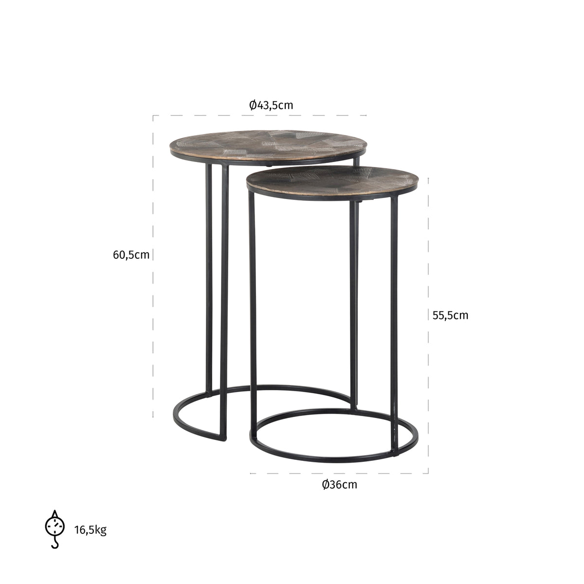 Măsuță auxiliară Tulum, auriu periat (set de 2) – desen tehnic cu dimensiuni