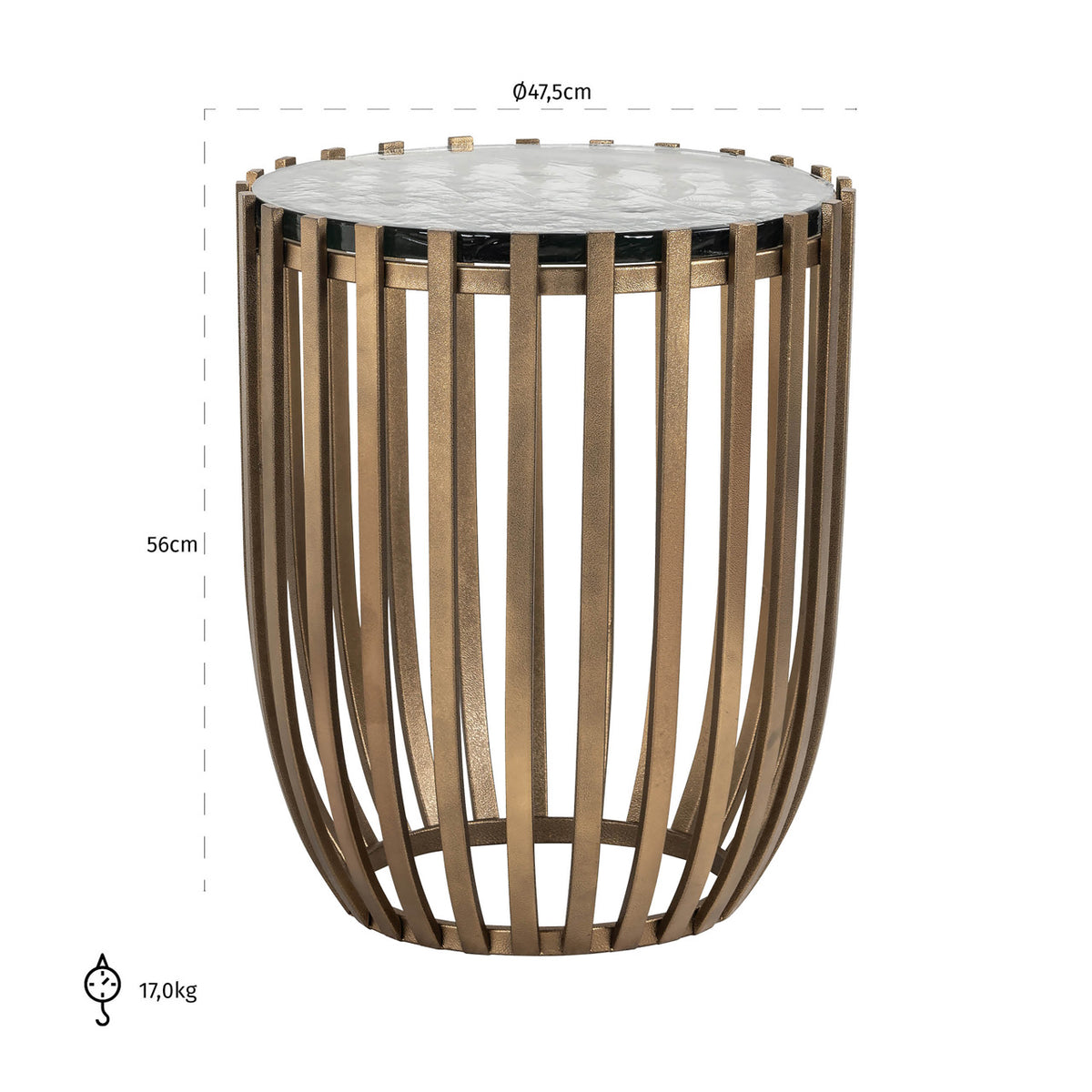 Măsuță auxiliară Volante, auriu, Ø 47,5 cm – desen tehnic cu dimensiuni