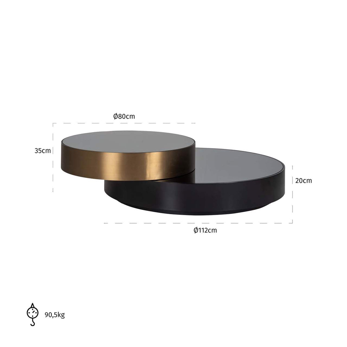 Măsuță de cafea Alexander Jones, negru/auriu (Slice) – desen tehnic cu dimensiuni