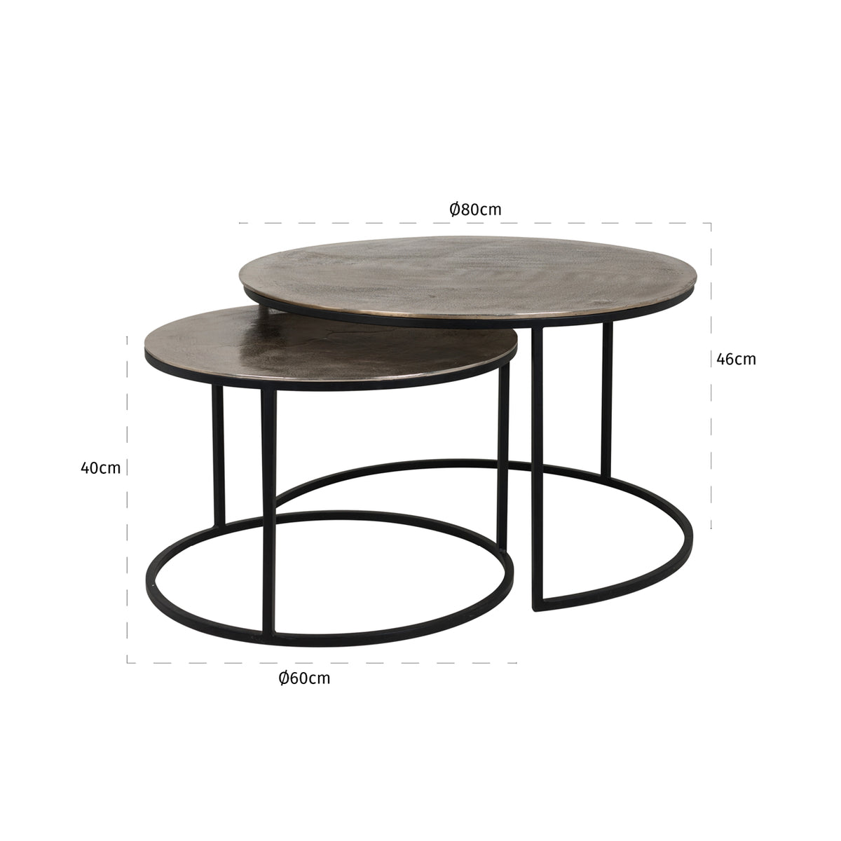 Măsuță de cafea Asher, auriu champagne (set de 2) – desen tehnic cu dimensiuni