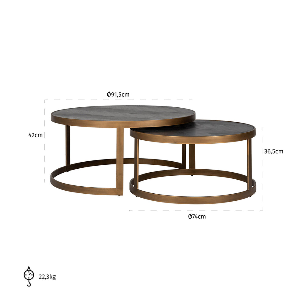 Măsuță de cafea Blackbone Brass, negru rustic (set de 2) – desen tehnic cu dimensiuni
