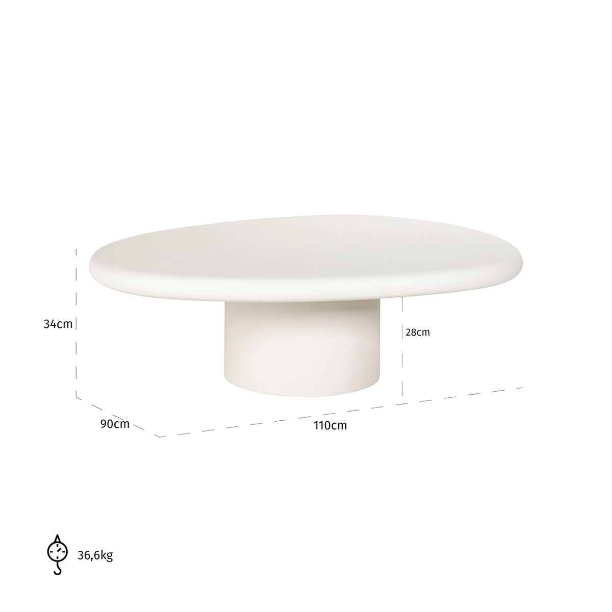 Măsuță de cafea Bloomstone, alb, 110 x 90 cm – desen tehnic cu dimensiuni