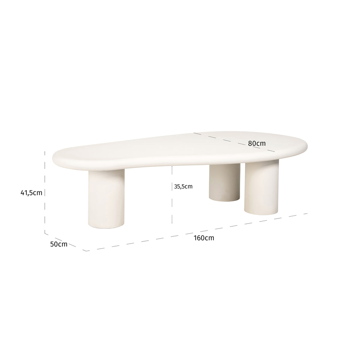 Măsuță de cafea Bloomstone, alb, 160 x 80 cm – desen tehnic cu dimensiuni