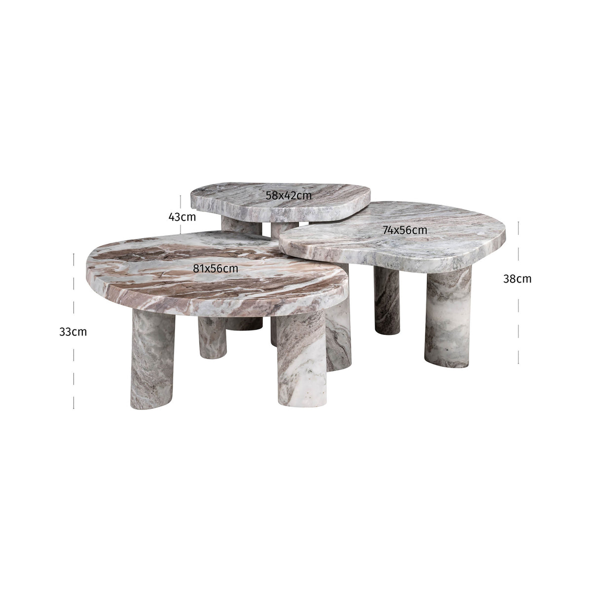Măsuță de cafea Camino Blush, bej (set de 3) – desen tehnic cu dimensiuni