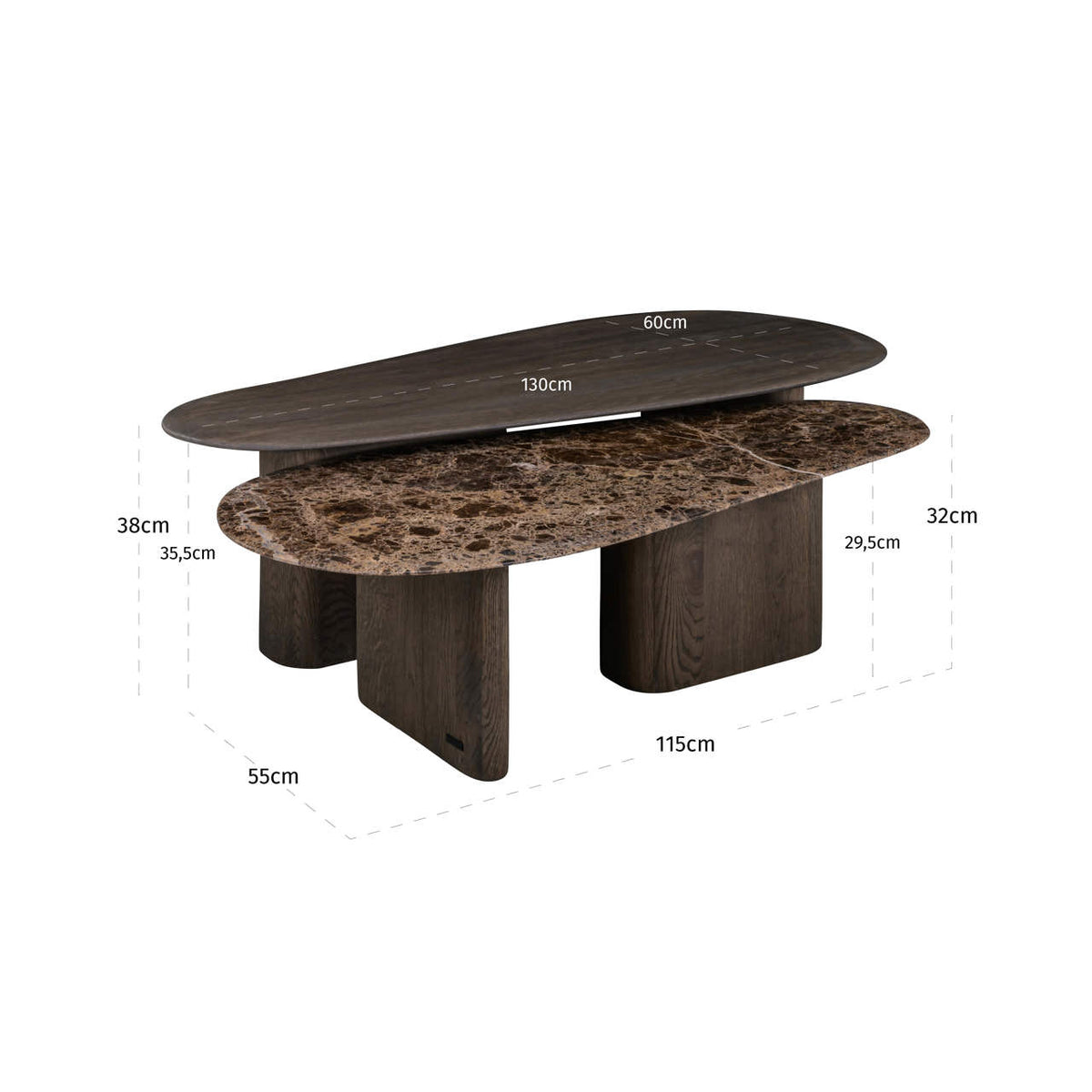 Măsuță de cafea Castello, smoked charcoal (set de 2) – desen tehnic cu dimensiuni
