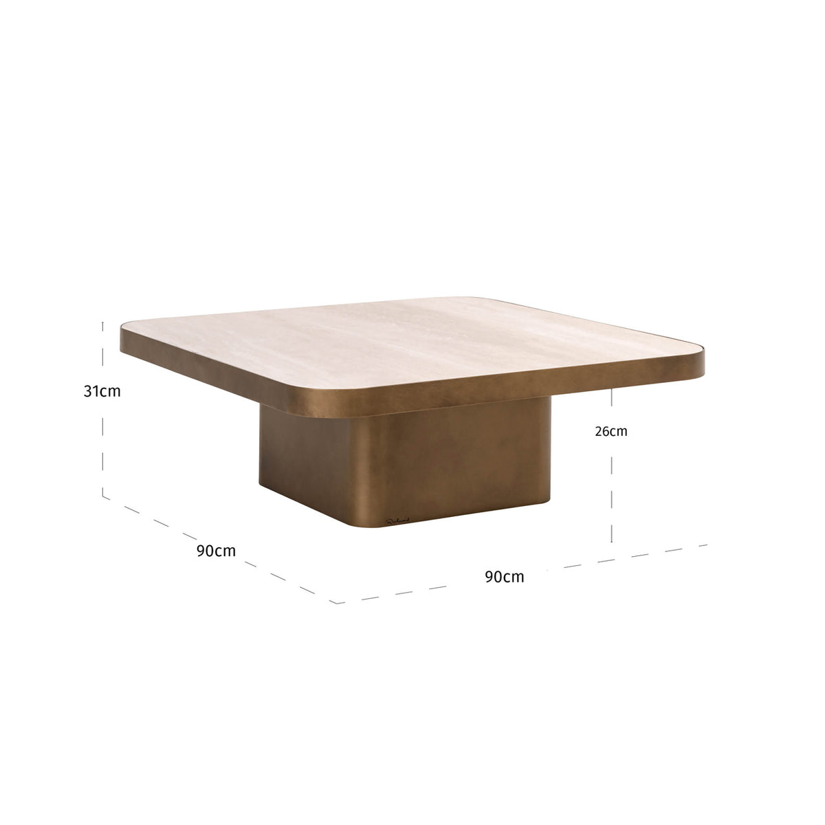 Măsuță de cafea Claridge, bej, 90 x 90 cm (cumulus) – desen tehnic cu dimensiuni