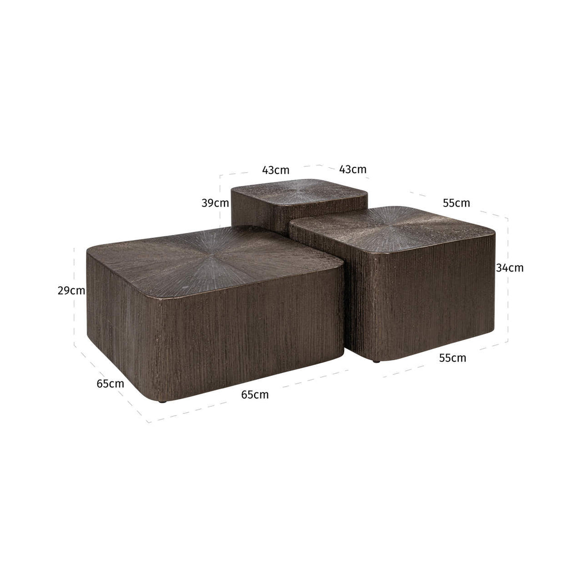 Măsuță de cafea Cubes, Brunzae (set de 3) – desen tehnic cu dimensiuni