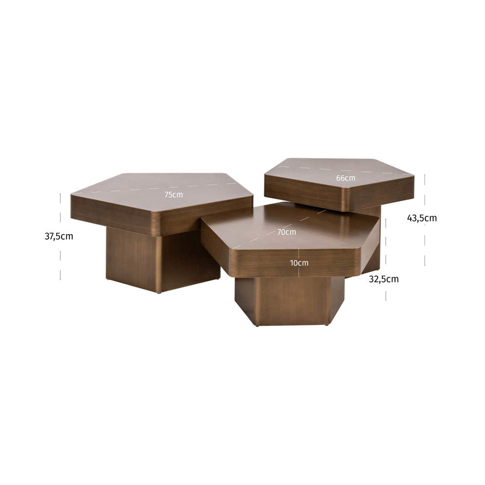 Măsuță de cafea Hexa, auriu periat (set de 3) – desen tehnic cu dimensiuni