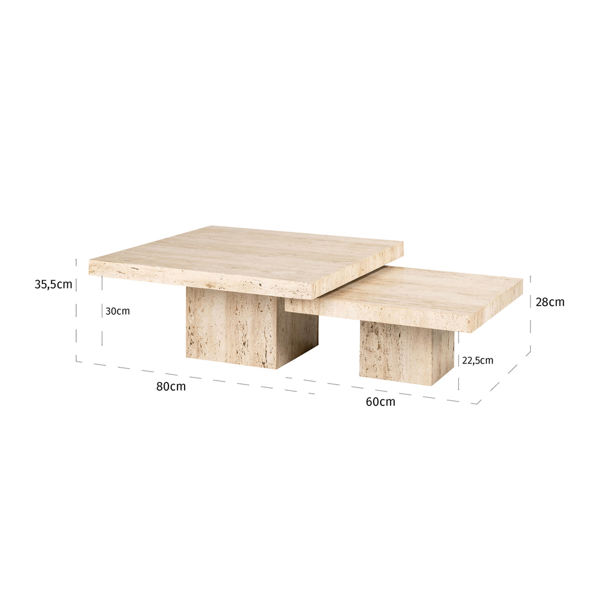 Măsuță de cafea La Cantera, bej (set de 2) – desen tehnic cu dimensiuni