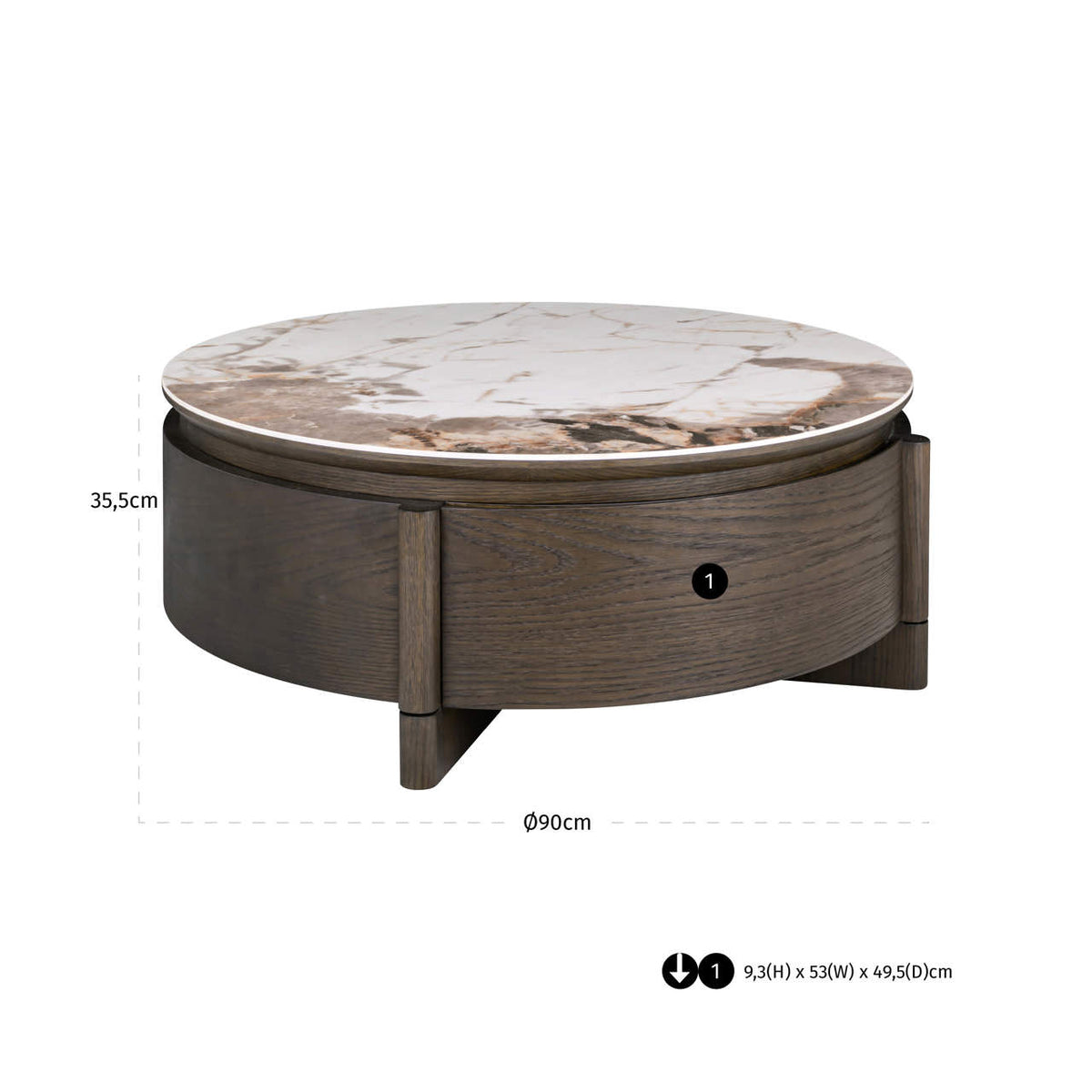 Măsuță de cafea Langford, maro, Ø 90 cm, 1 sertar – desen tehnic cu dimensiuni