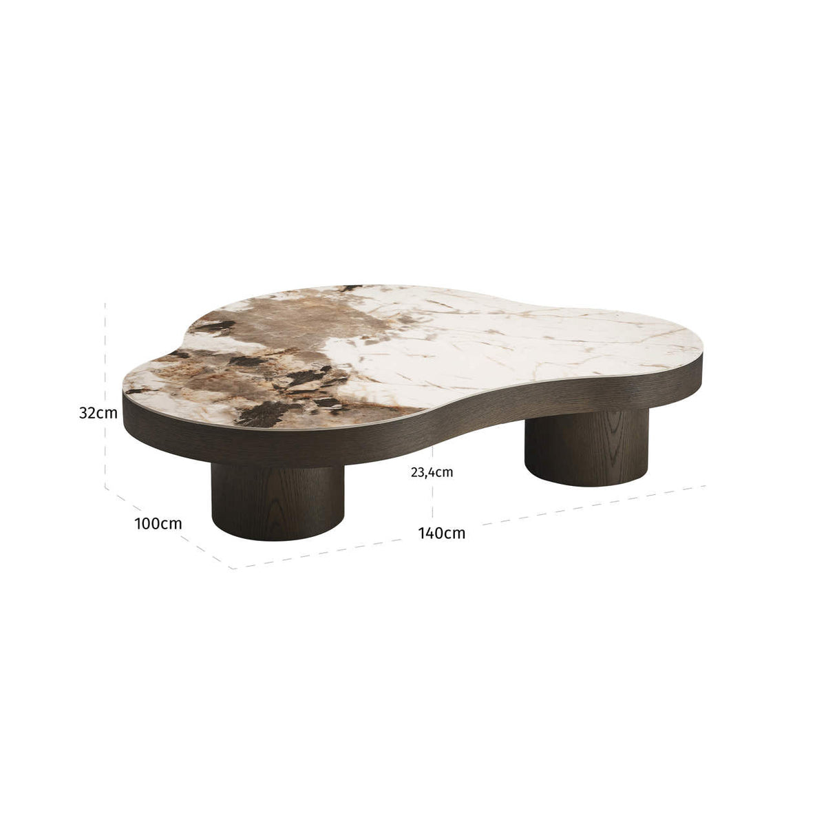 Măsuță de cafea Langford, maro, L. 100 x l. 140 x Î. 32 cm – desen tehnic cu dimensiuni