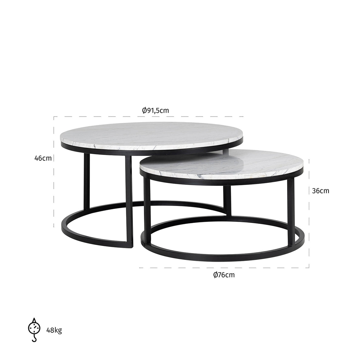 Măsuță de cafea Lexington, alb (set de 2) – desen tehnic cu dimensiuni
