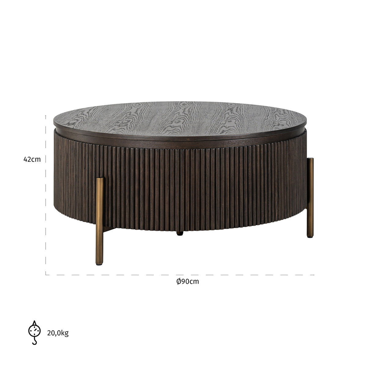 Măsuță de cafea Luxor, maro, Ø 95 cm – desen tehnic cu dimensiuni