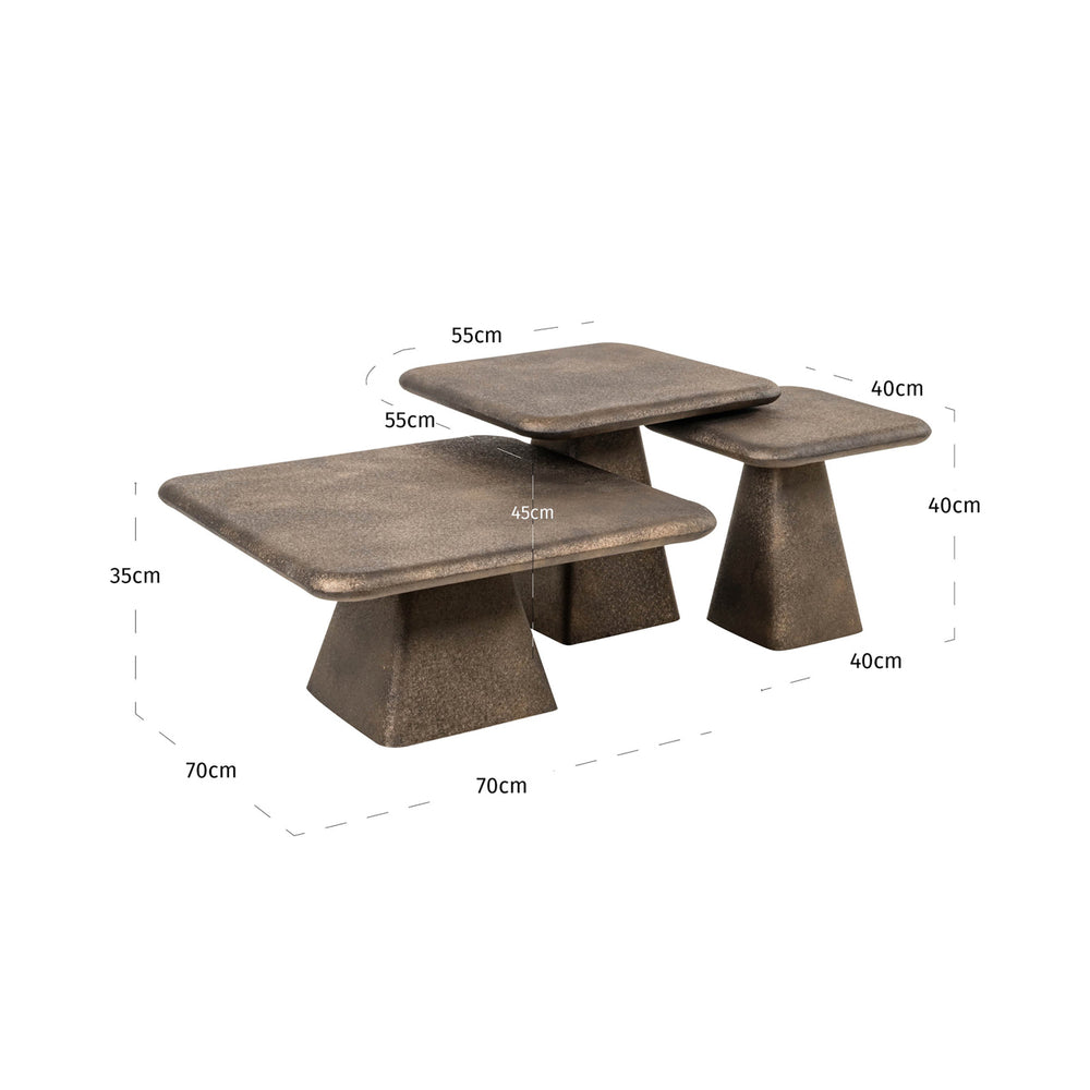 Măsuță de cafea Marlie, auriu (set de 3) – desen tehnic cu dimensiuni