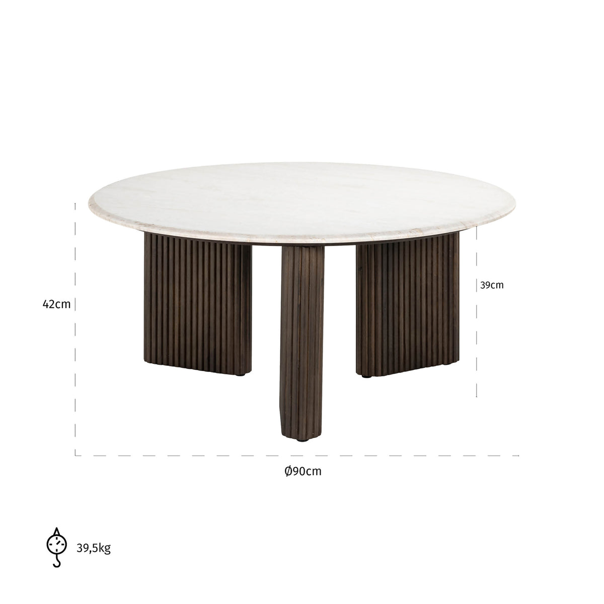 Măsuță de cafea Mayfield, maro, Ø 90 cm – desen tehnic cu dimensiuni
