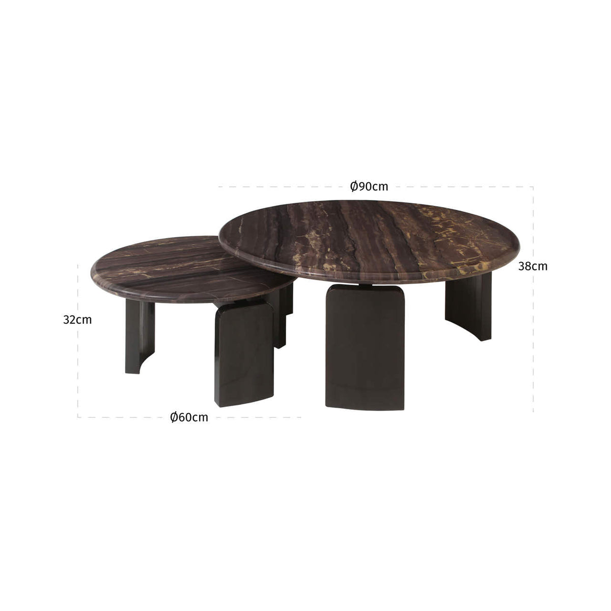 Măsuță de cafea Menton, burgund (set de 2) – desen tehnic cu dimensiuni
